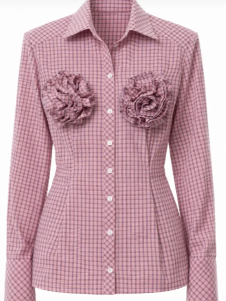

Женская шикарная рубашка в клетку на пуговицах, элегантная, приталенная, с оборками и цветочным декором, с расклешенными рукавами, новинка 2026 года, наряд для вечеринки