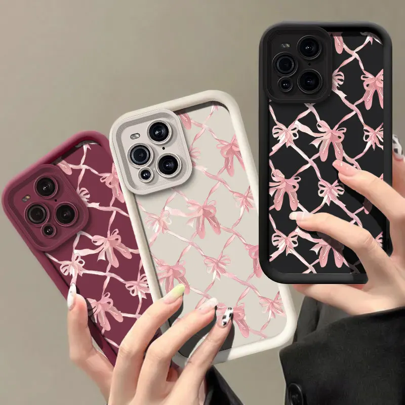 Painting Pink Bow Knot Pattern Case For OPPO Find X3 X5 Pro Camera Lens Protection Silicone Soft Phone Cover Fundas