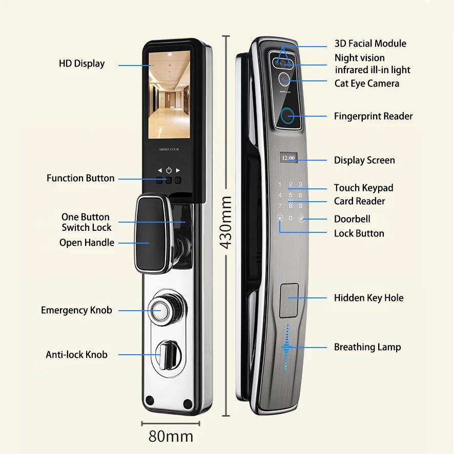 Automatic Camera 3D Face Recognition fingerprint TUYA WIFI remote cards Digital electric Smart Door Lock With Door Bell