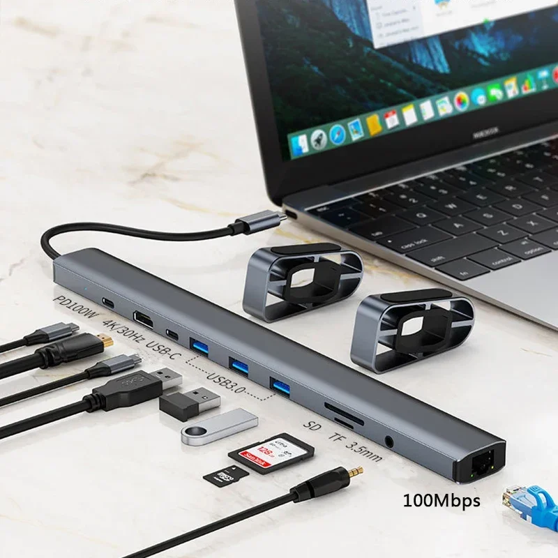 10 in 1 USB Hub Dock AUX HD-compatible VGA Adapter USB C Laptop Docking Station USB 3.0 5Gbps Data Ports for Macbook Huawei