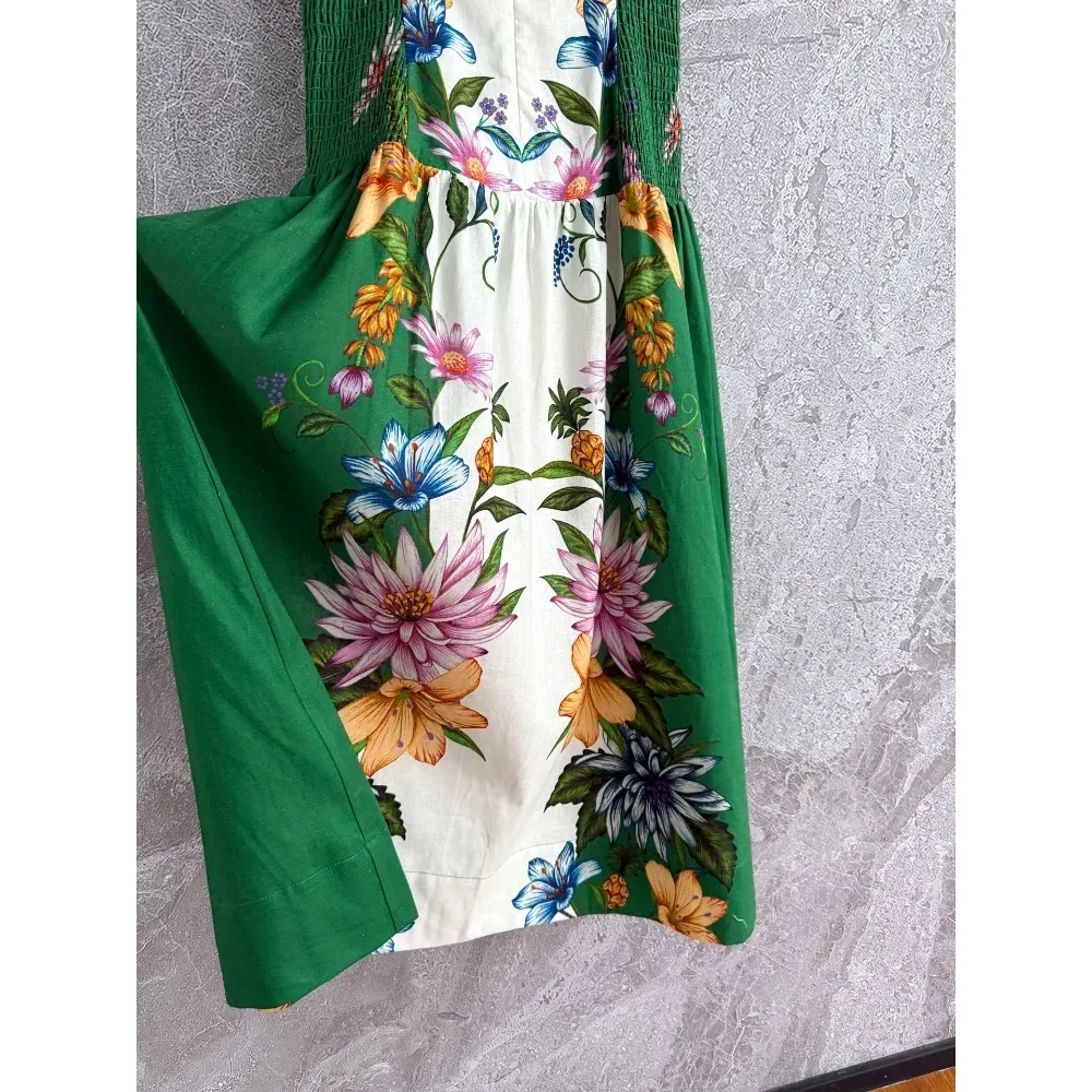 فستان حورية البحر بكشكشة مطرز بالخرز متوسط الطول 2025 موضة جديدة بطباعة بيزلي خضراء بدون أكمام