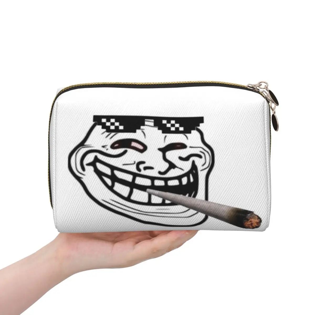 Novelty TROLL Face Meme Funny Women Cosmetic Bag Travel Makeup Organizer Pouch Toiletry Storage Dopp Kit Box