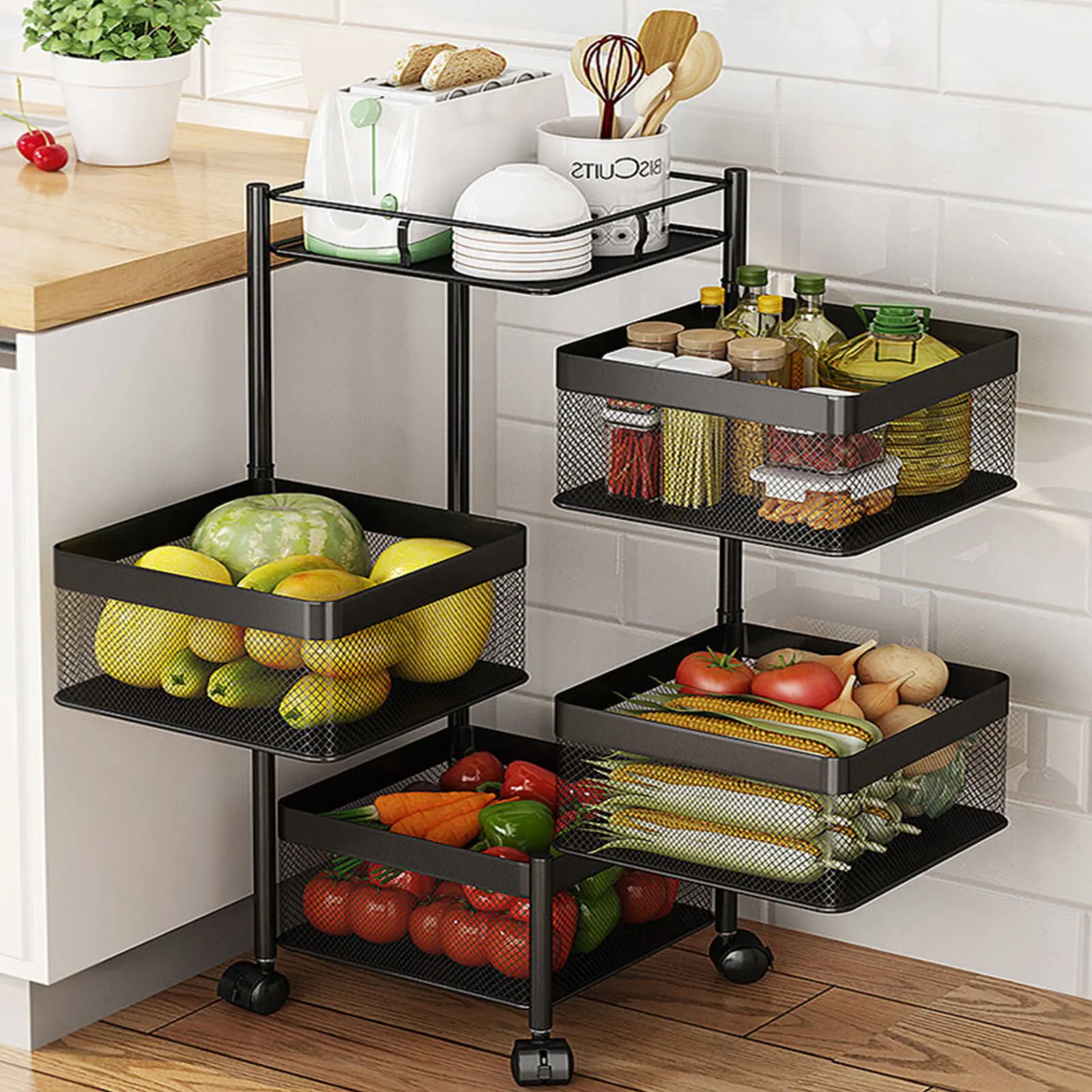 

Rotating Kitchen Storage Cart, 4 Tier Portable Fruit Vegetable Basket with Rolling Wheel, Muliti-Layer Storage Rack