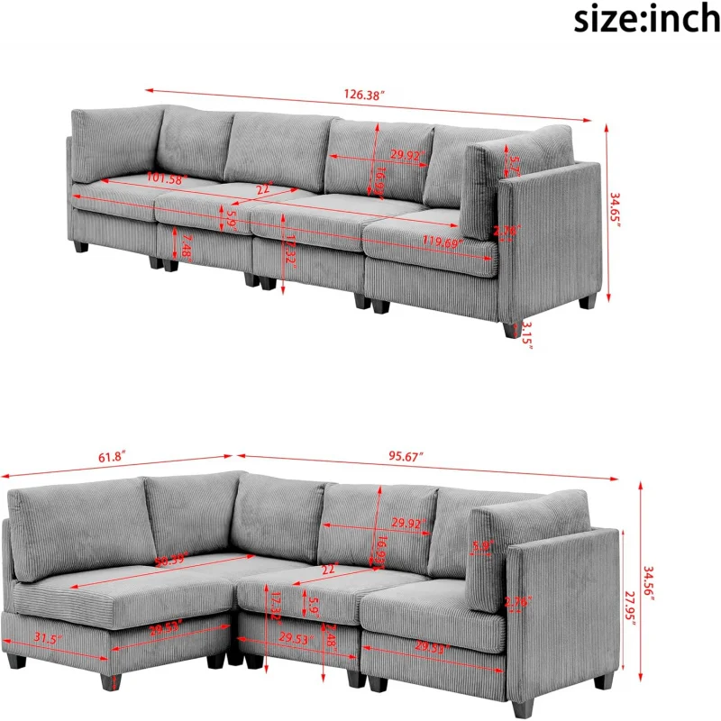 Earn Free Combination Reversible Modular Sectional Movable Ottoman,L Shaped Convertible Sleeper Corner Couch with Solid Wood Leg