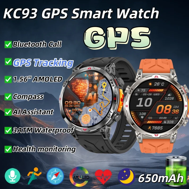

KC93 Smart Watch 1.56''AMOLED Outdoor Sport GPS Positioning Fitness Tracker Bluetooth Calling Large Battery 3ATM Waterproof Men