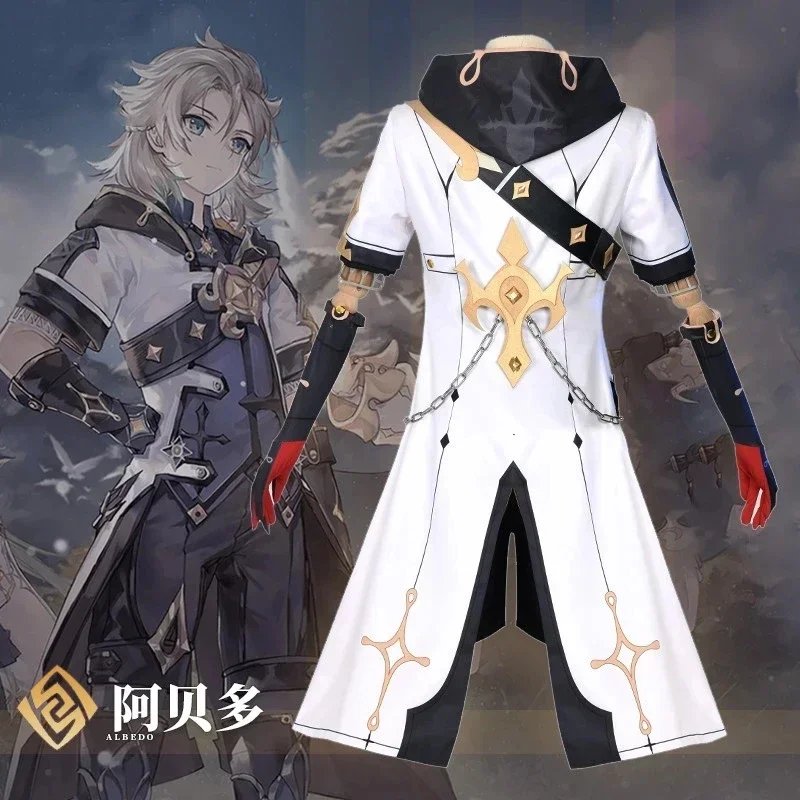 Gioco Genshin Impact Alchemist Albedo Costume Cosplay uomo uniformi fantasia Top pantaloni cappotto parrucca Albedo scarpe Cosplay per Halloween