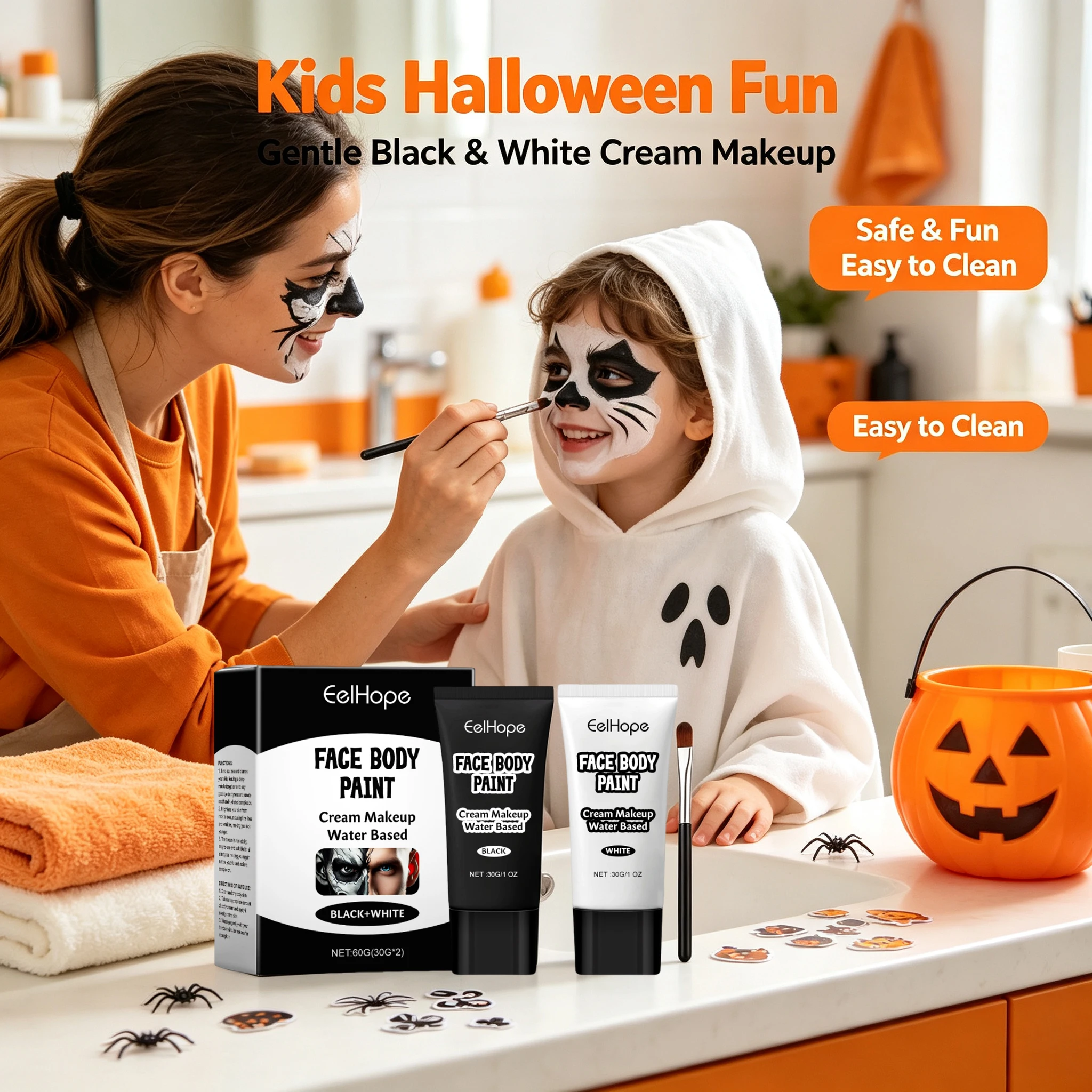 Black White Water Based Face Body Paint Kit Halloween Full Coverage Lightweight Foundation Clown Joker Makeup Festive Set