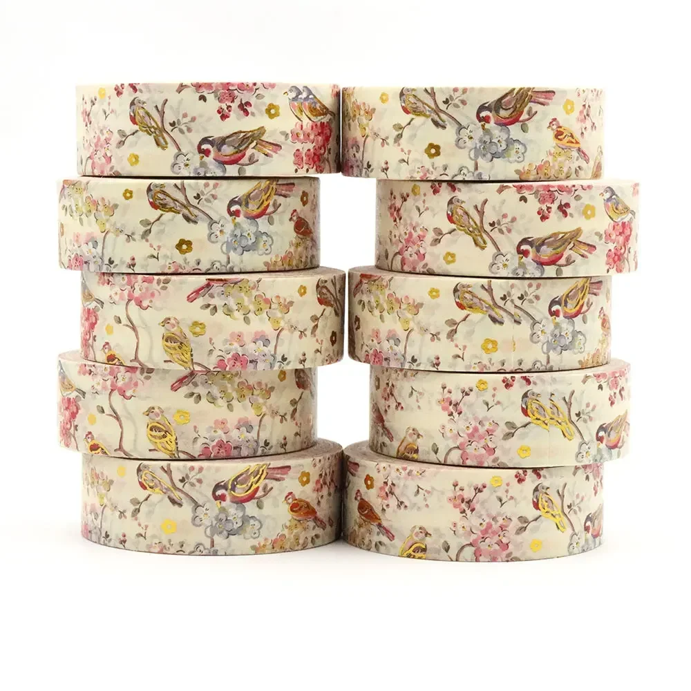 10PCS 15mm x 10m Gold Foil Spring Bird Floral Masking Adhesive Washi Tapes office supplies stationary DIY tape stickers