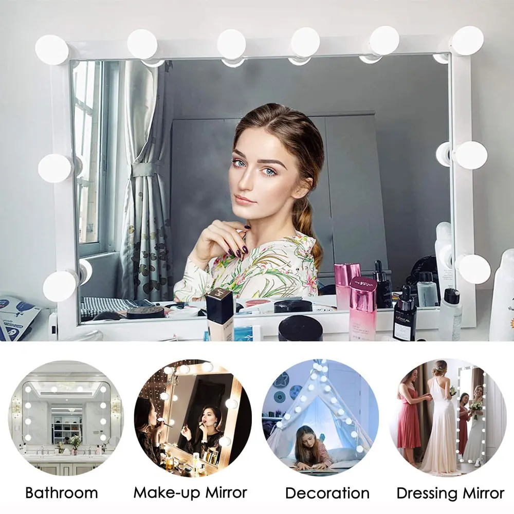 Hollywood Style Vanity Mirror Lights Kit Adjustable Color And Brightness With 10 LED Light Bulbs Fixture Strip For Makeup