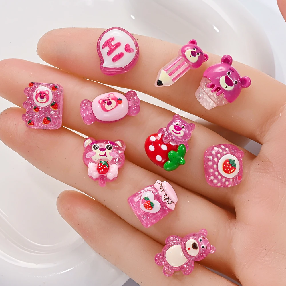 10개 핑크 투명 만화 곰 네일 아트 참 레진 딸기 미니 플랫 백 장식 DIY 휴대폰 케이스 데코레이션