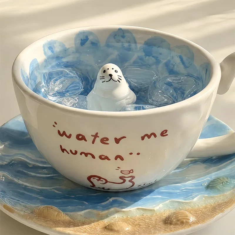 Cute Bathing Seal Penguin Ceramic Mug Novelty 3D Standing Figurine Inside Handmade Coffee Cup Cute Berries Bowl For Animal Lover