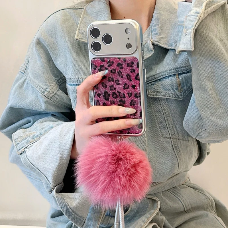 

Fashion Plating Glitter Purple Leopard Print Phone Case For iPhone 17 Pro 15 14 16 Pro Max Cover with Plush Ball Hand Rope Cute