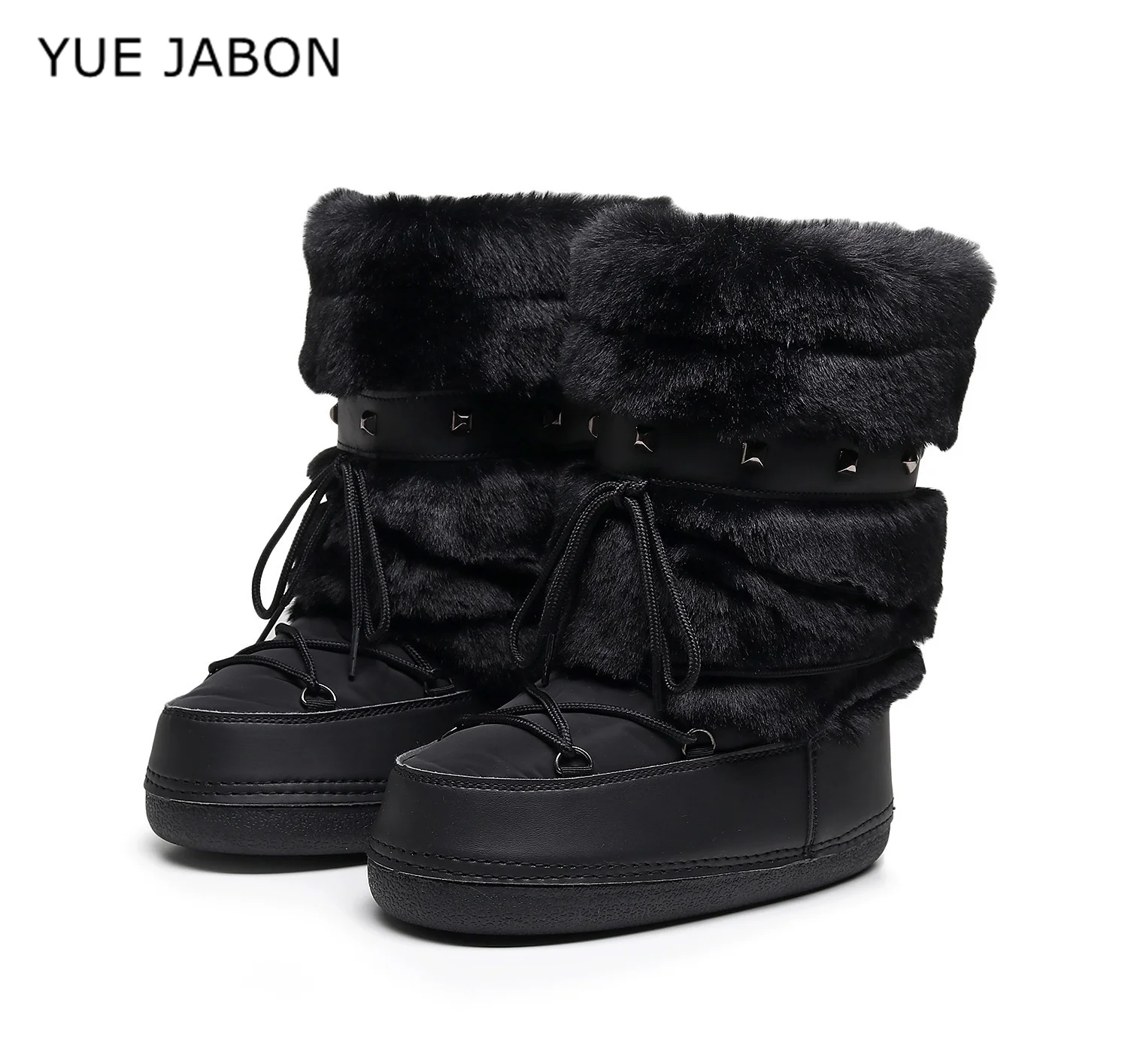

Winter Fur Cross Tied Rivet Snow Boots Women Round Toe Slip On Black Ankle Boots 2026 Winter Warm Anti-slip Boots