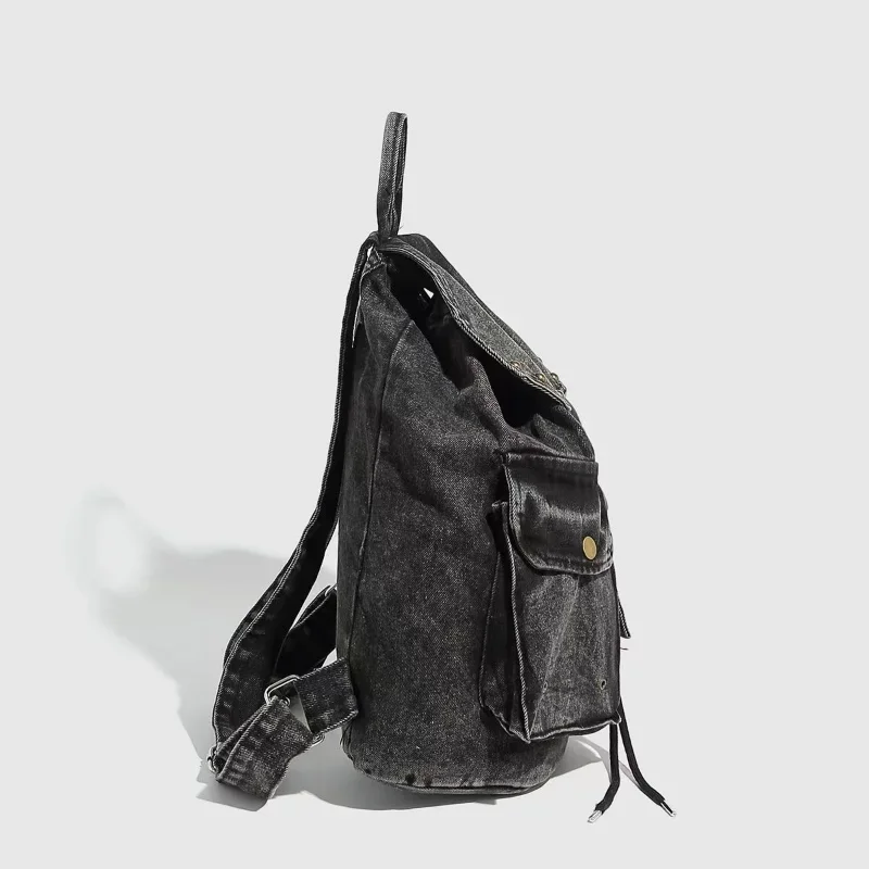 Mochila jeans lavada feminina, design de cordão de bolso, elegante e versátil, mochila casual de estudante de grande capacidade