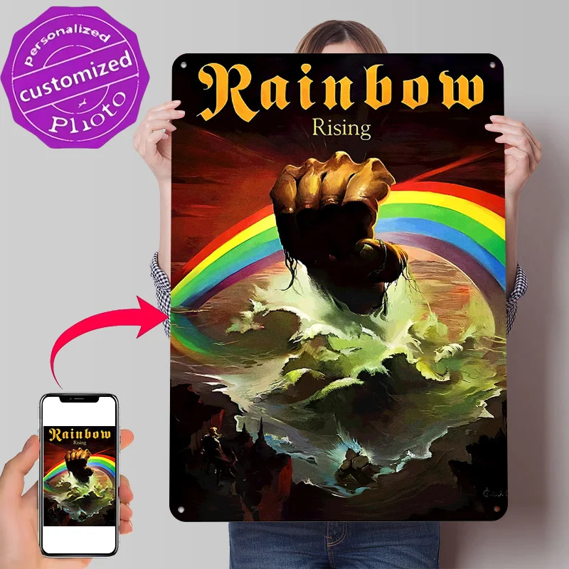Rainbow Rising Album Cover Personalized 3D Textured Metal Poster Wall Art Vintage Tin Signs for Wand Deko Room Decoration Items