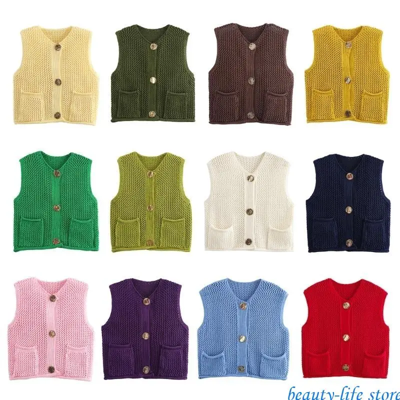 

Sleeveless Crochet Knit Crop Top Cardigan for Women Button Down Sweater Vest 517D