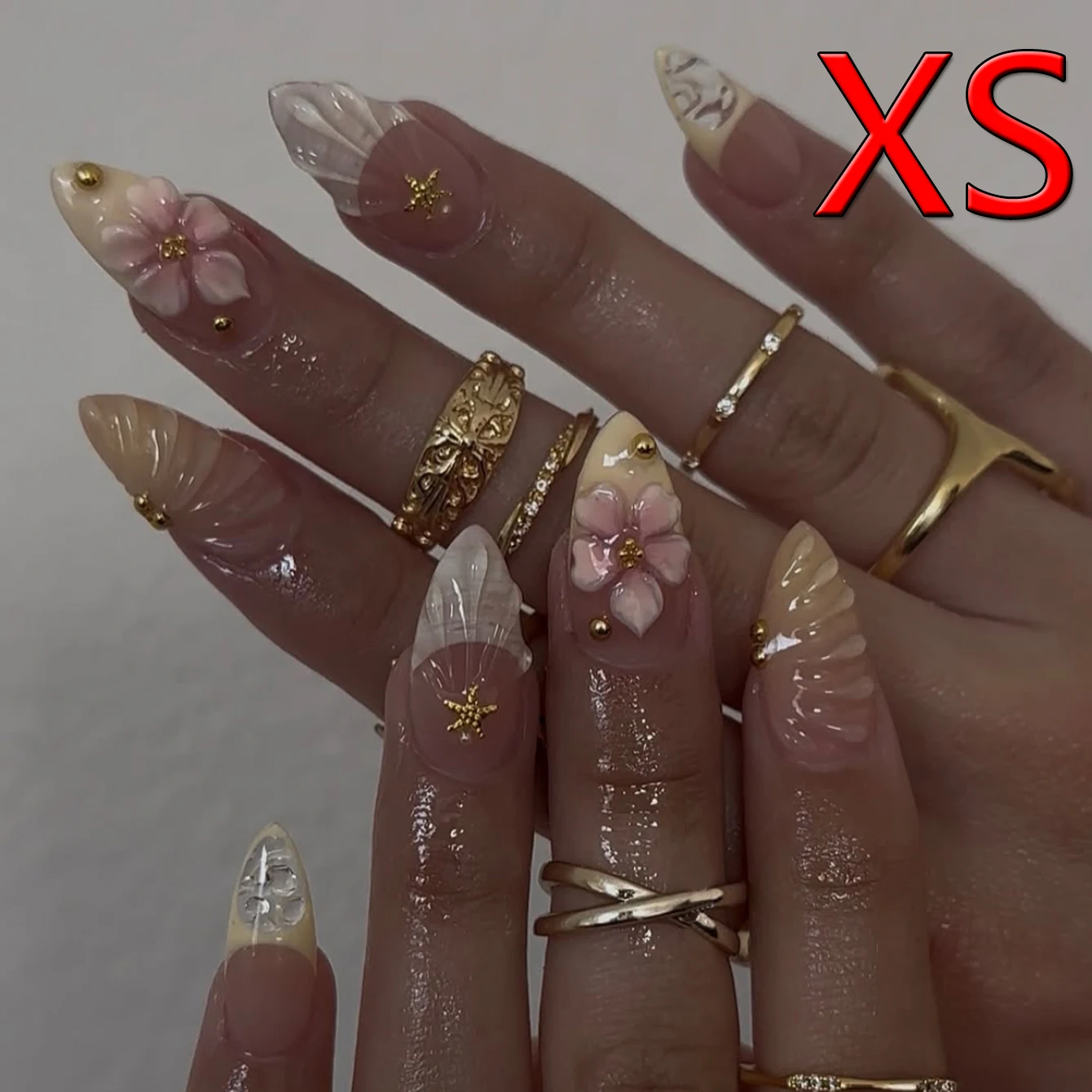 Y2K 10PCS Hand Made Press On Nail-Short Almond Glue On Nails-Tropical Flowers Starfish And Golden Pearls Press One As Gifts