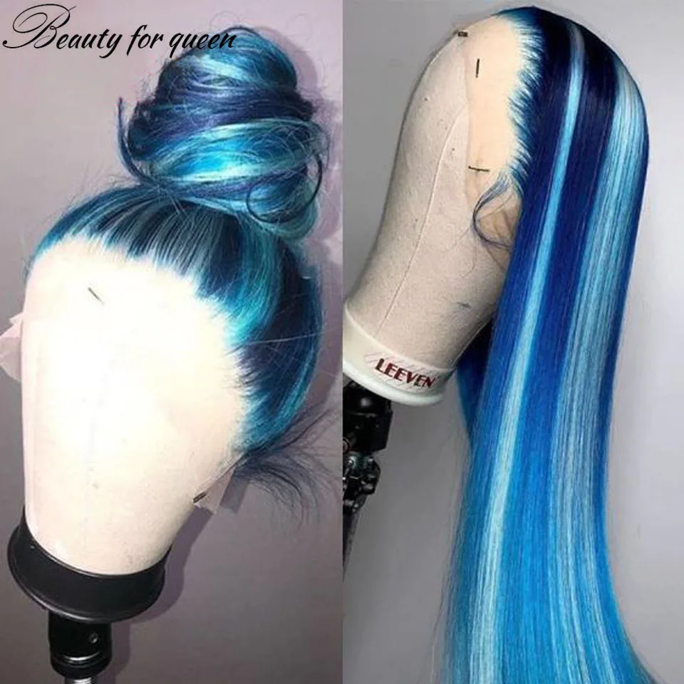 Peluca de cabello humano liso con encaje Frontal para mujer, pelo brasileño Remy, predesplumada, transparente, HD, azul