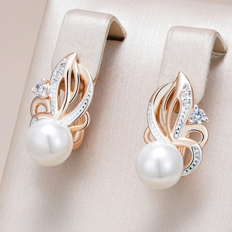 Wbmqda Luxury Pearl Drop Women\'s Earrings 585 Rose Gold Silver Mixed Color Retro Wedding Party Fine Jewelry