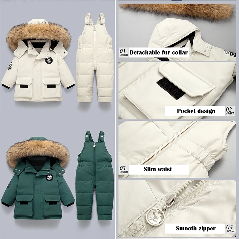 Piumino per bambini Inverno e autunno Giacca da ragazzo calda Collo in pelliccia naturale Neonate Cappotto da neve Parka per bambini Capispalla 1-5