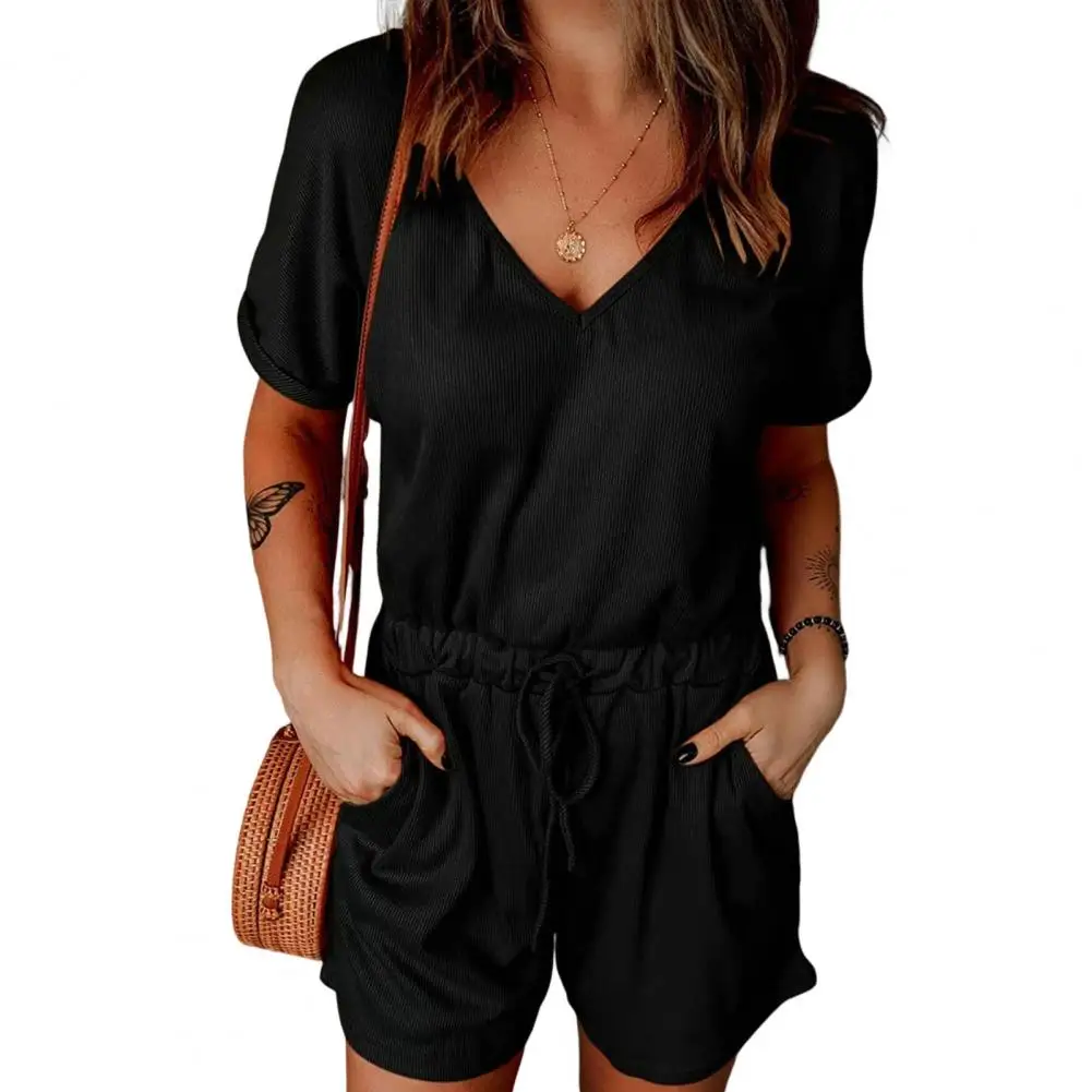 

V Neck Batwing Short Sleeve Wide Leg Pockets Summer Jumpsuit Women Drawstring Waist Mid-rise Shorts Playsuit