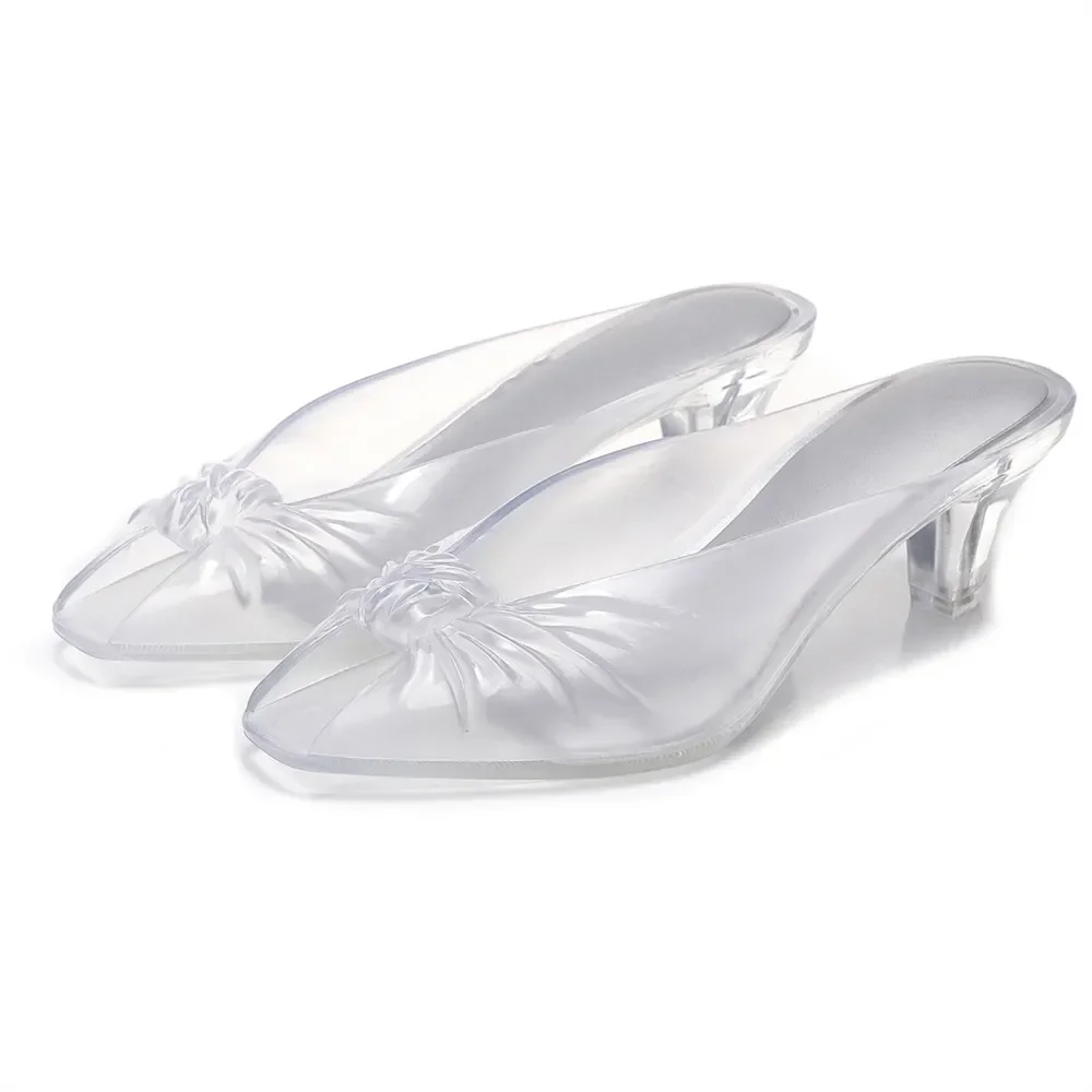 Sommerliche Damen-Sandalen in Rauchgrau, Jelly-Mules mit geknoteter Vorderseite, Peeptoe, transparent, mit mittelhohem Absatz, zum Hineinschlüpfen, für lässige Strandpartys. – Detail 5