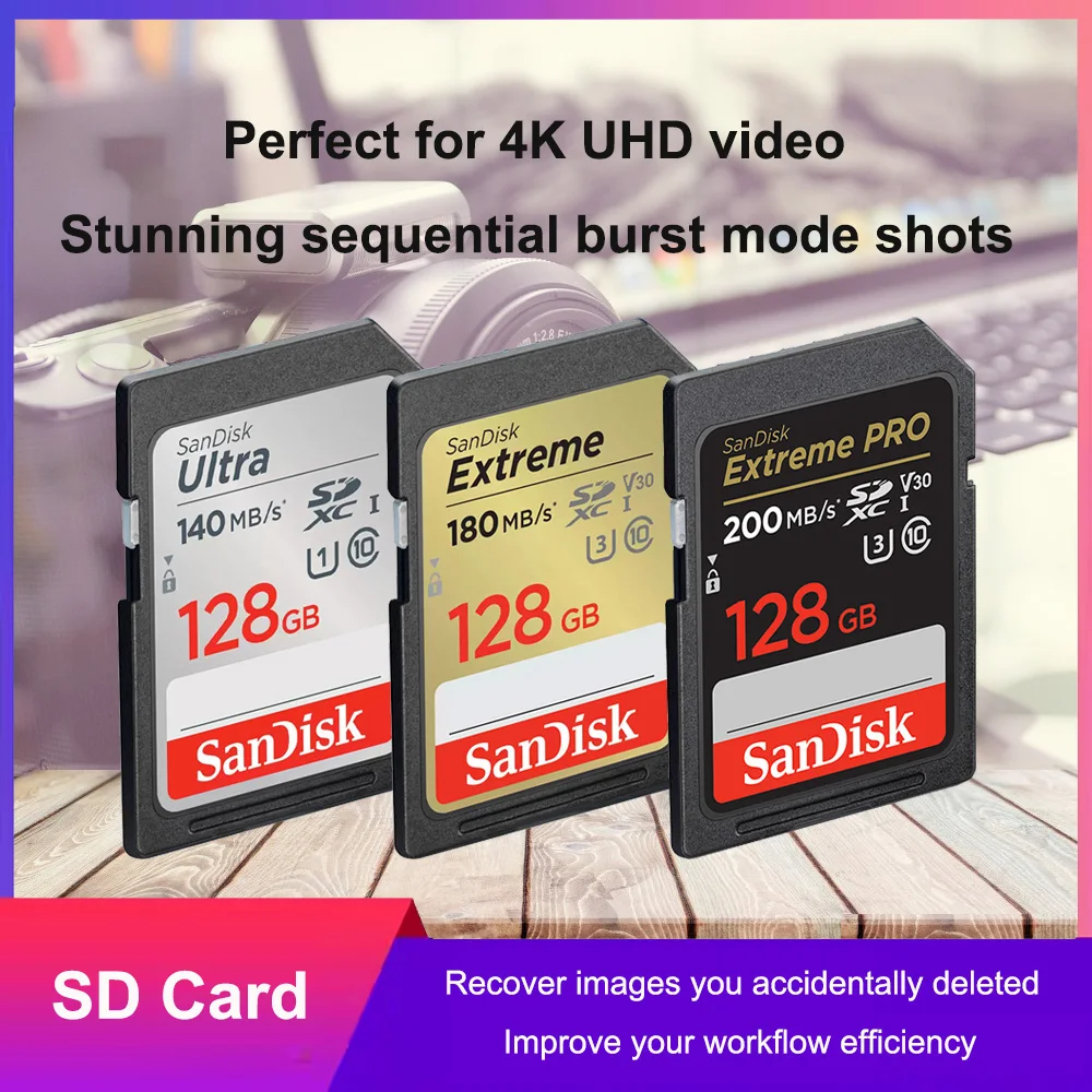 Оригинальная SD-карта SanDisk Ultra/Extreme SD/Extreme PRO 32 ГБ SDHC 64 ГБ/128 ГБ/256 ГБ SDXC UHS-I U3/4K/V30 для камеры Автомобильный DV SLR
