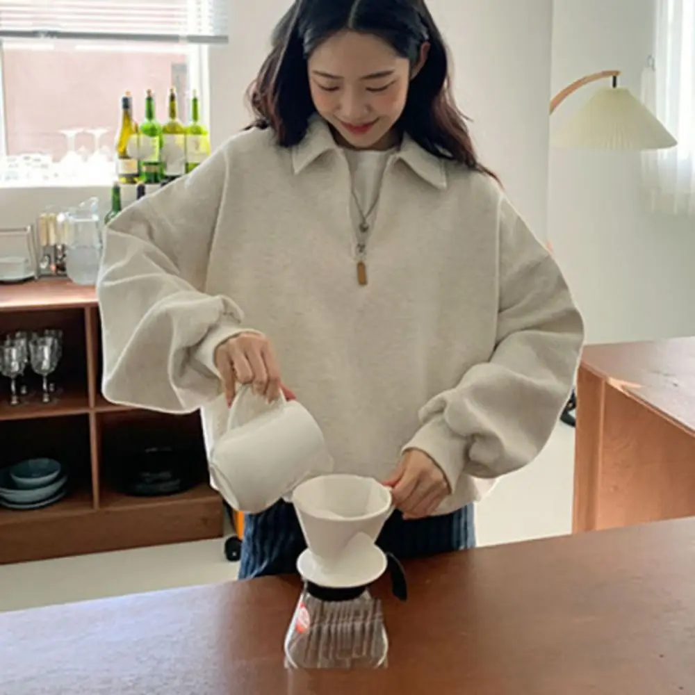 เสื้อฮู้ดแขนยาวคอเต่าครึ่งตัวทรงหลวมสไตล์เกาหลีสำหรับฤดูใบไม้ร่วง มีซิป เหมาะสำหรับผู้หญิงเดินทาง