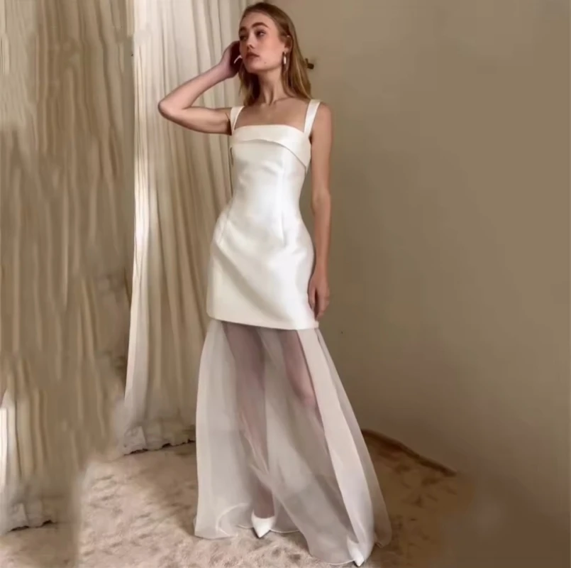 여성용 짧은 무도회 드레스, 긴 쉬어 메쉬 스트랩, 새틴 보호 웨딩 원피스