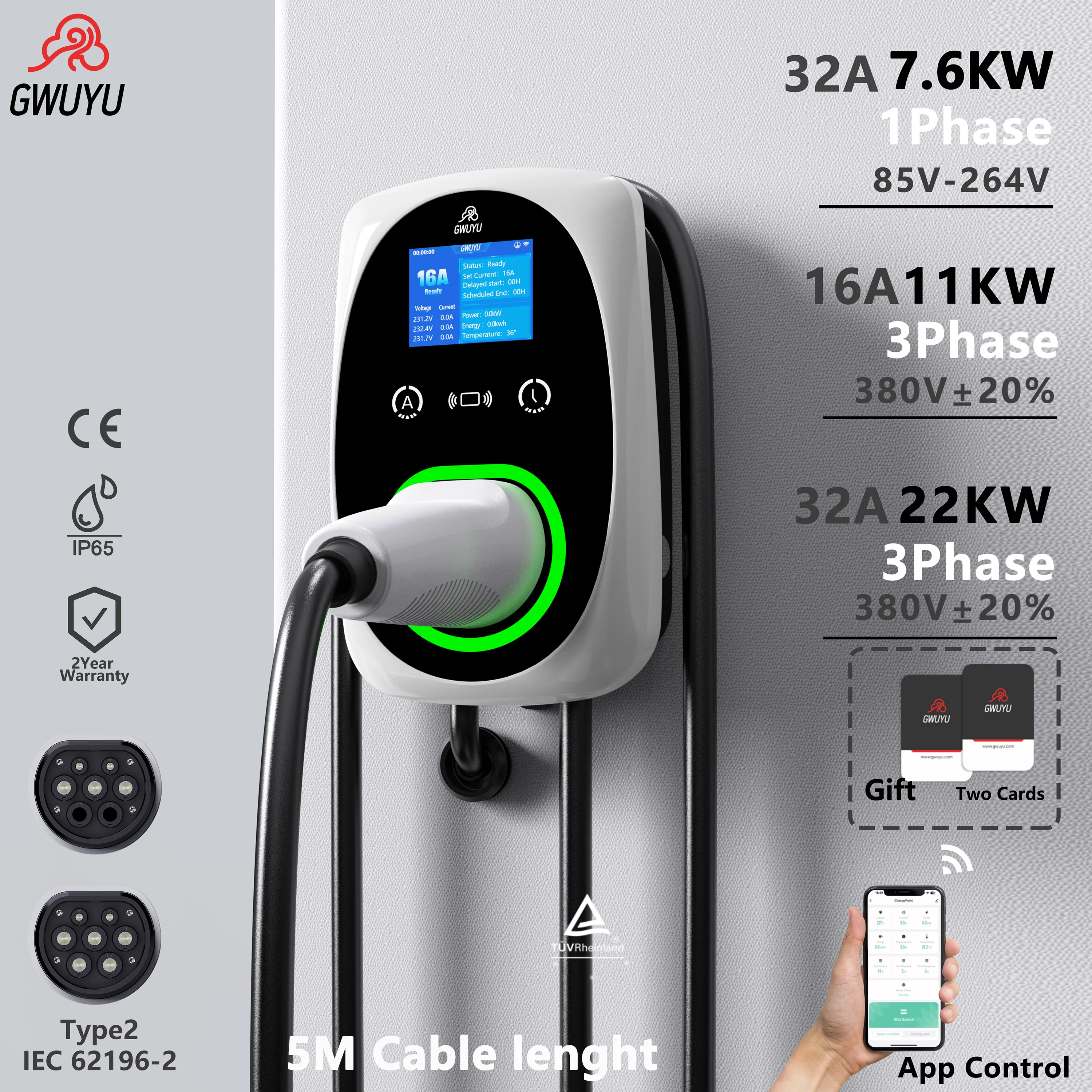 GWUYU EV Charger 32A 7.6KW Electric Vehicle Car Charger EVSE Wallbox 11KW 22KW 3Phase Type2 Cable IEC62196-2 Socket APP Control