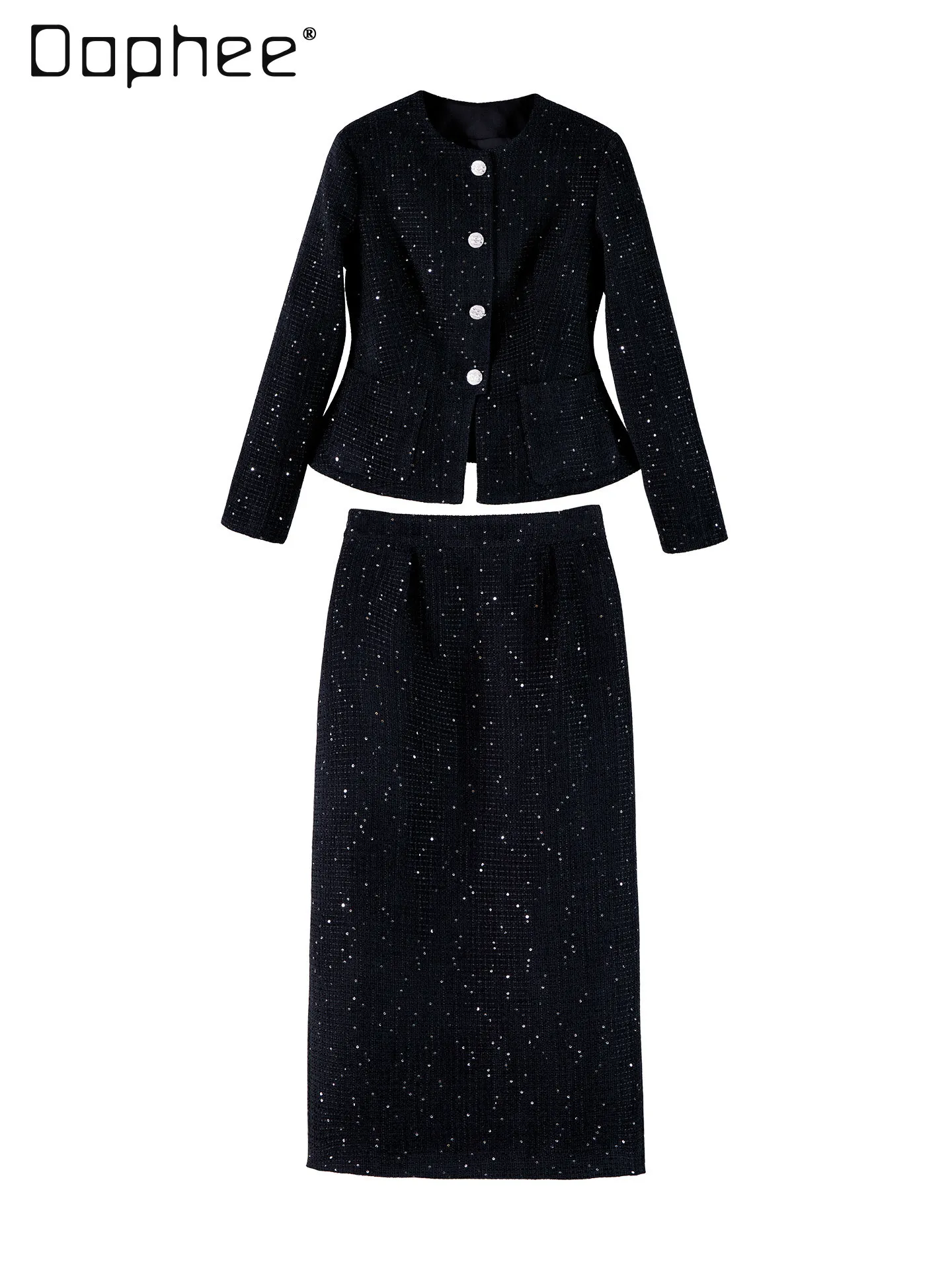 

French Temperament Socialite Tweed Skirt Sets 2026 Spring High-end Round Neck Slim Jacket High Waist A-line Skirt Two Piece Set