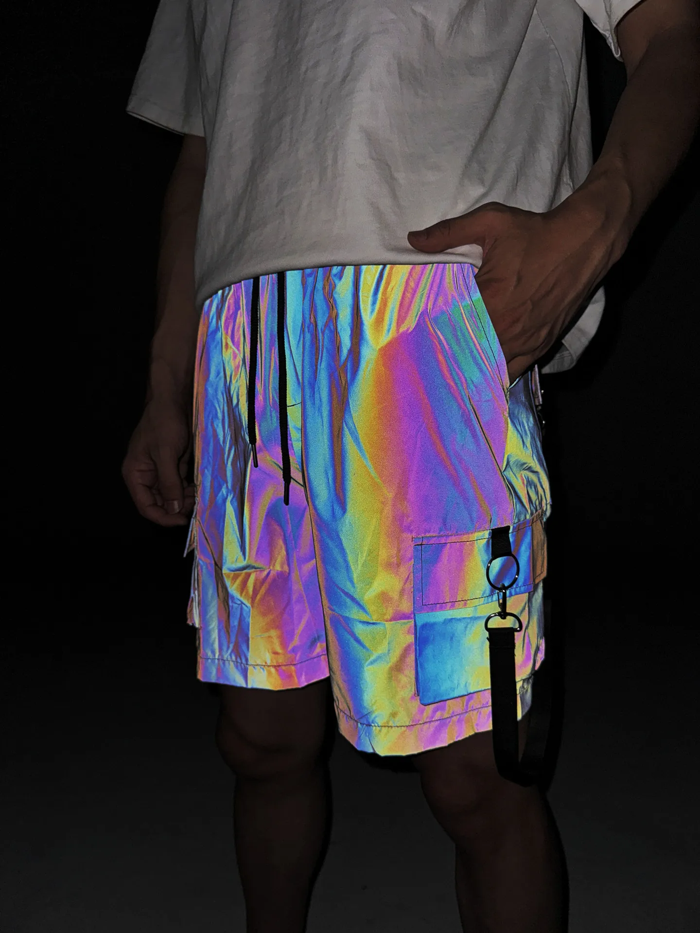 Summer Reflective Cargo Shorts Men Street Wear Hip Hop Euro American Street Style Loose Straight Leg Casual Five Points Pants