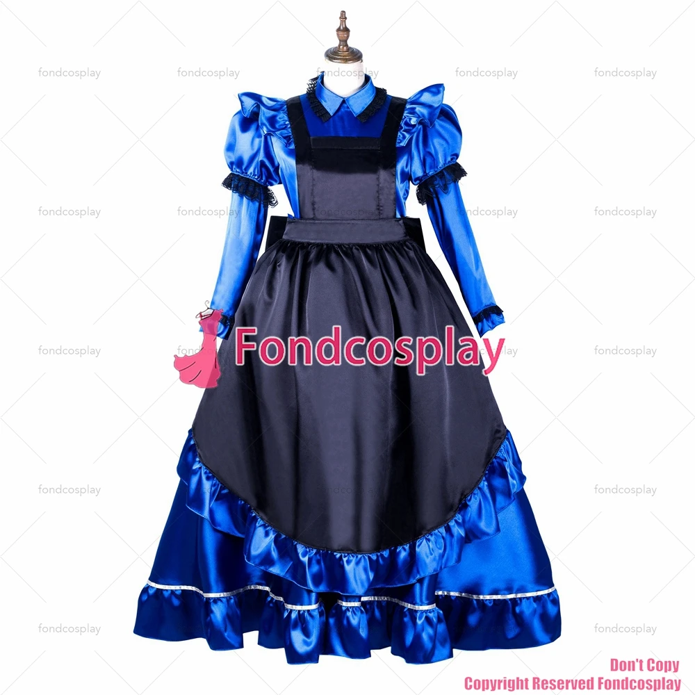 fondcosplay adult sexy cross dressing sissy maid long blue satin dress lockable Uniform black apron costume CD/TV[G2162]