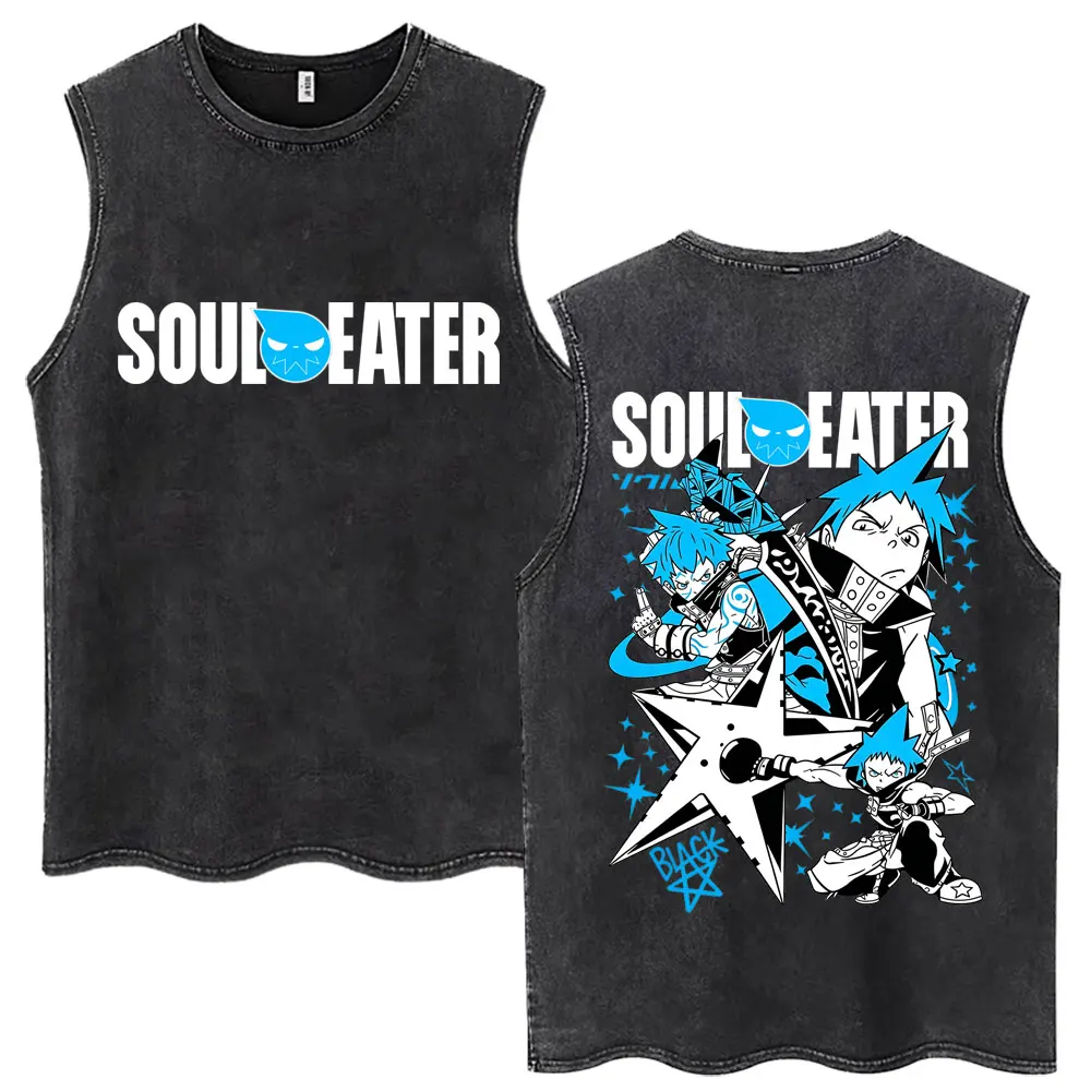 Washed Anime Soul Eater Black Star Tank Tops Men Women Harajuku Vintage Sleeveless Vests Oversized 100% Cotton Casual T-shirt