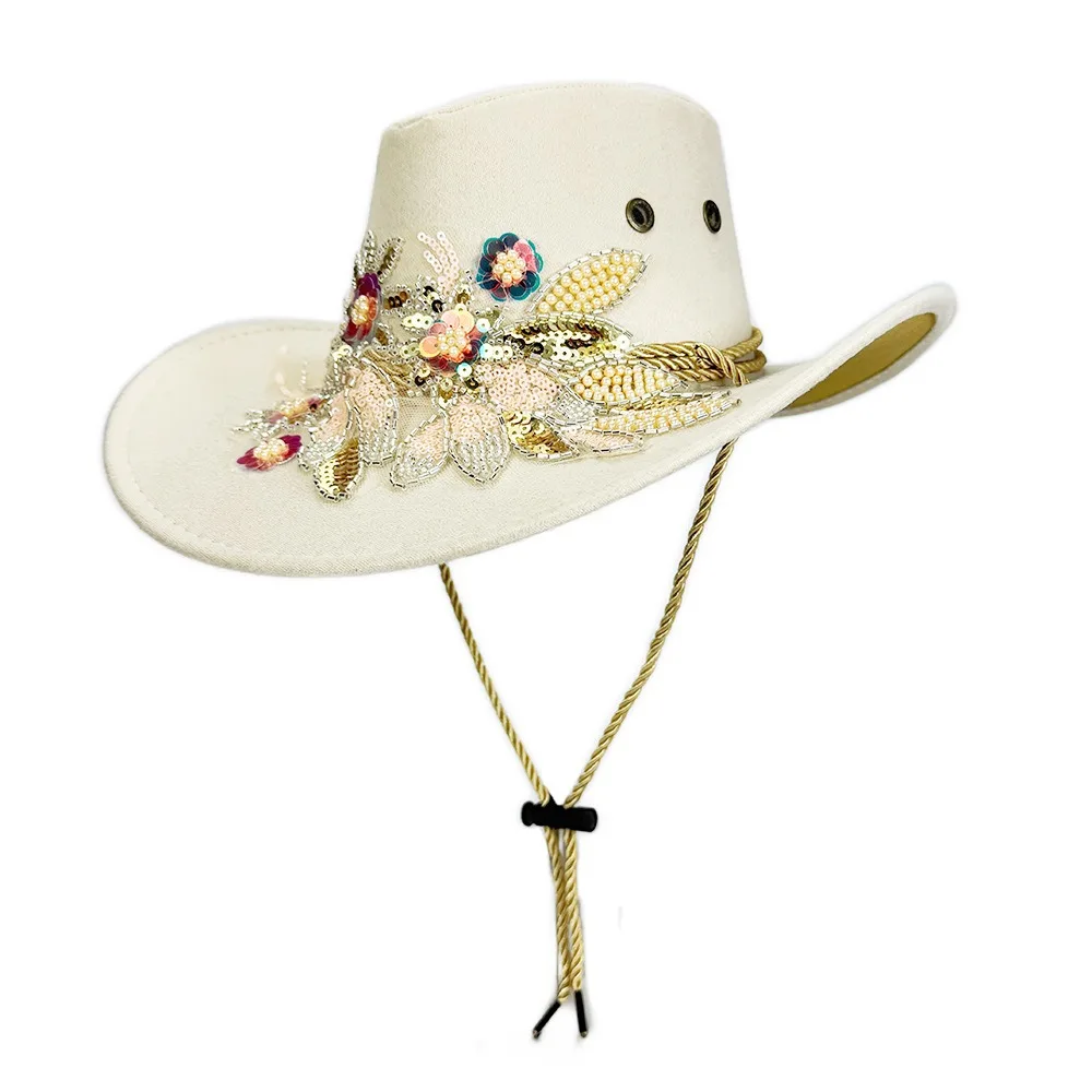 

Wide Brim Western Cowboy Cap Woolen Sequins Sun Protection Knight Hat Embroidered Ethnic Style Cowgirls Visor Cap
