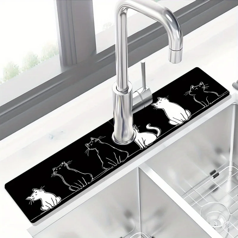 VIKAMA Black and White Cat Sink Splash Mat | Kitchen Faucet Drain Mat | Minimalist Instagram-Style Countertop Drain Mat