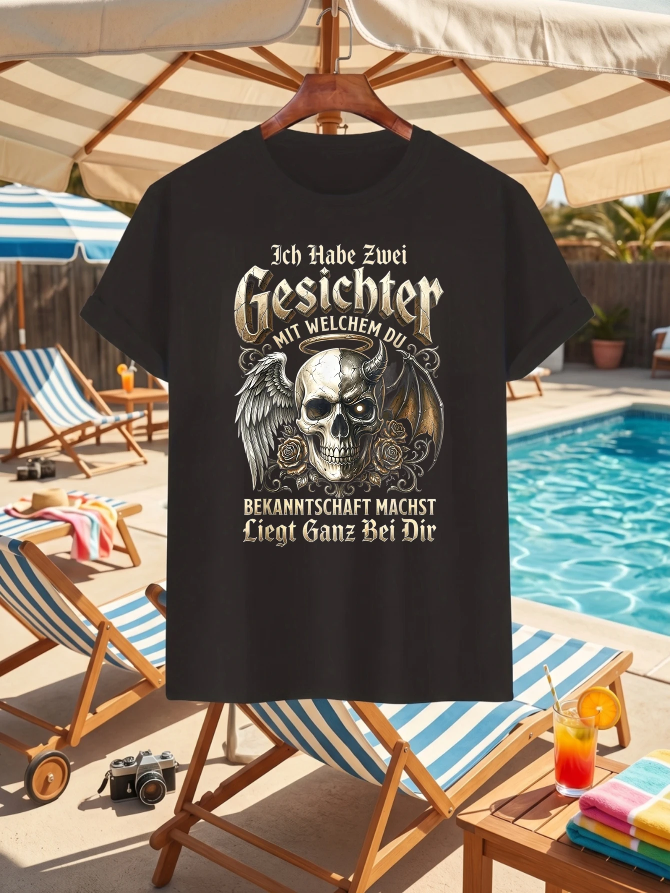 1 Stück T-Shirt aus 100 % Baumwolle mit Totenkopf-Design und O-Ausschnitt und kurzen Ärmeln
