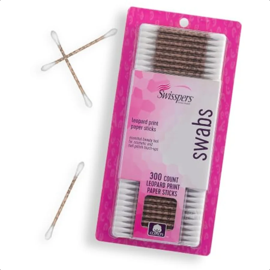 Swisspers Premium Leopard Paper Swabs Confezione da 300 pezzi da 1 batuffoli di cotone divertenti ed eleganti con design leopardato Punta in 100 cotone