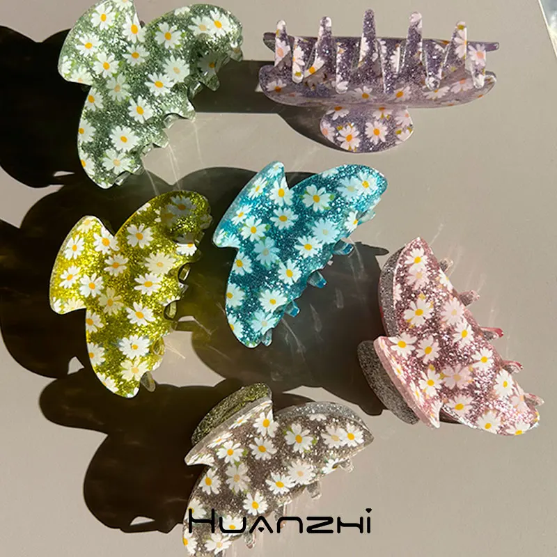 Colorful Shining Resin Flower Daisy Hair Claws for Women Girl Summer Travel Vacation Y2K Headwear HUANZHI 2023 NEW Hair Clip INS