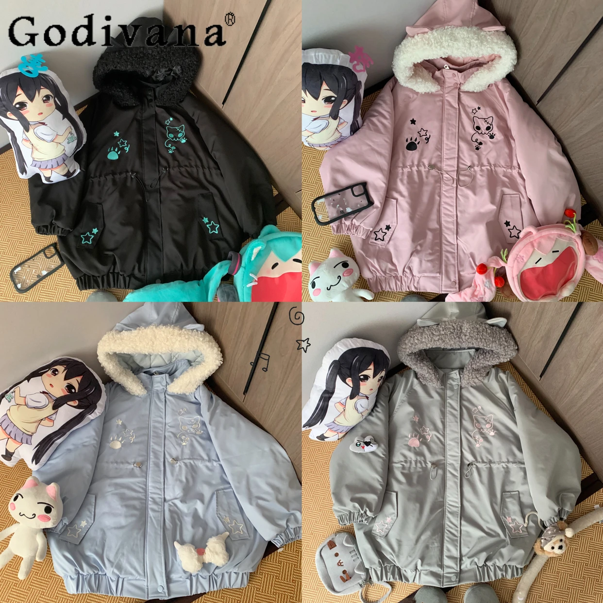 

Original Japanese Subculture Student Cotton Padded Coats Women's Cartoon Printed Warm Thickened Kawaii Hooded Down Parkas Winter