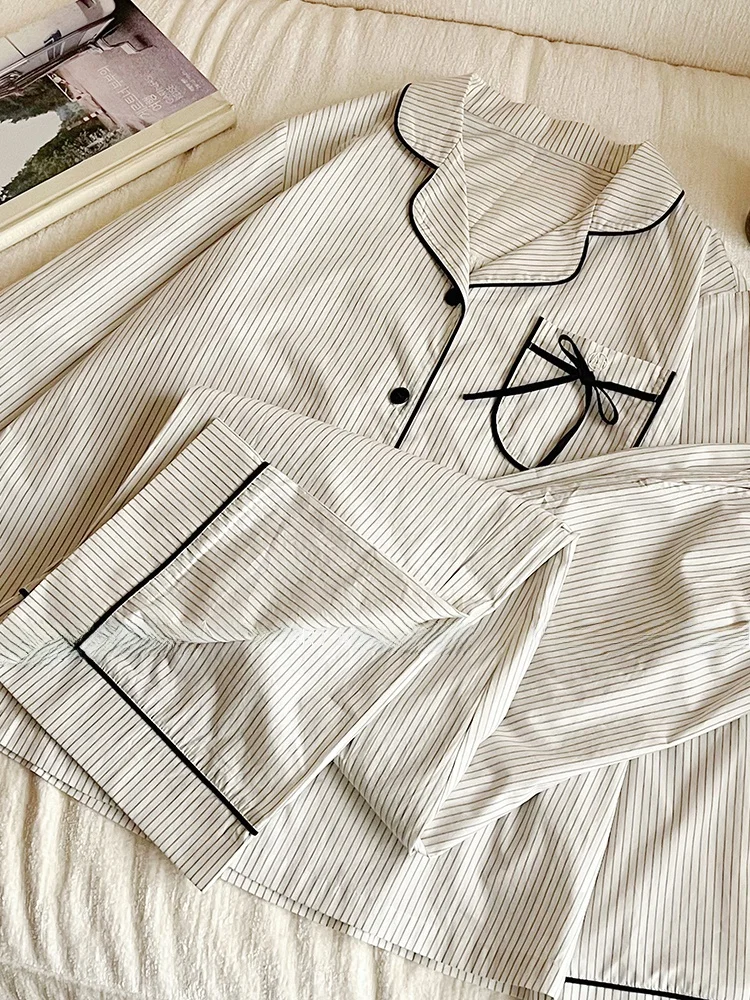 

Simple Design 00% Cotton Spring Spwear Set for Women Blue White Stripes Home Clothes Knot Trimming