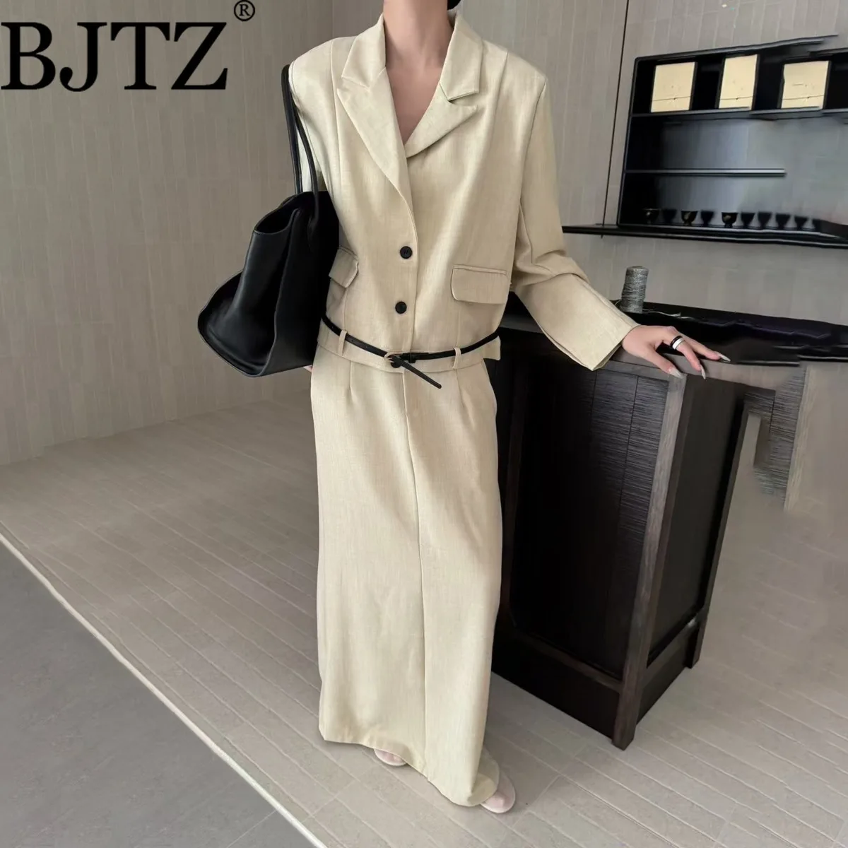 BJTZ Minimalist Style Pure Lace-up Tie-waist Single Breasted Jacket+high Waist Loose Skirt Two Piece Sets For Woman 2025 New