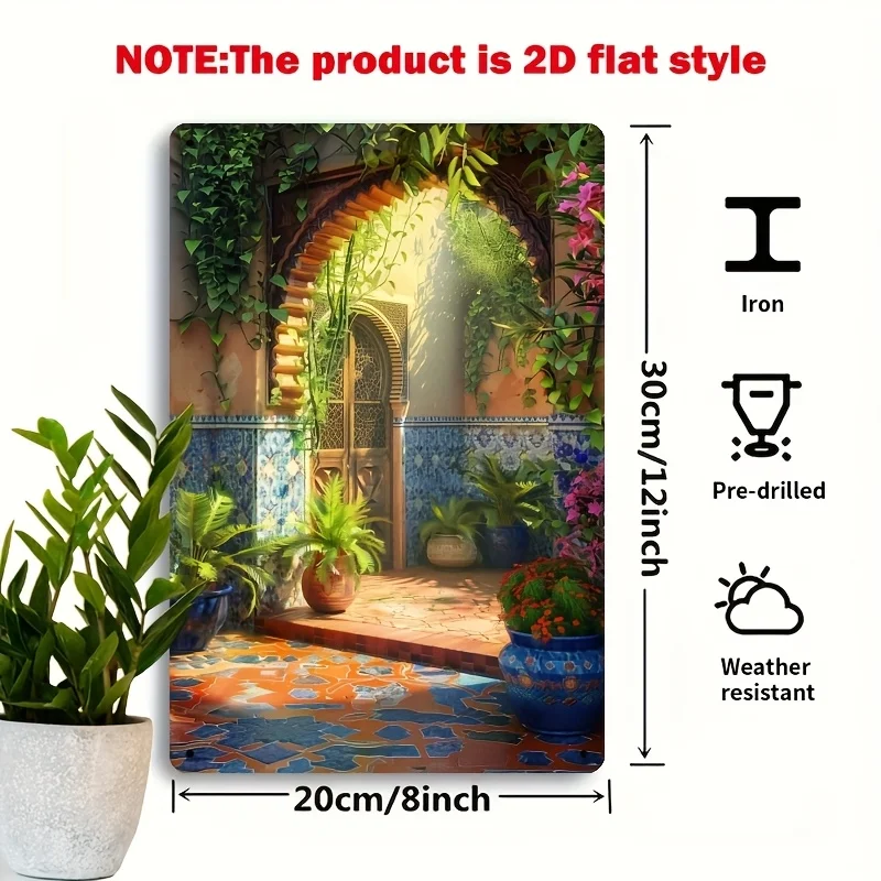 2D Flat, 2D Flat 1pc Moroccan Patio Metal Iron Sign - 8X12 Inch Vintage Style for Dining Room, Living Room, Den, Garage, Home Pa