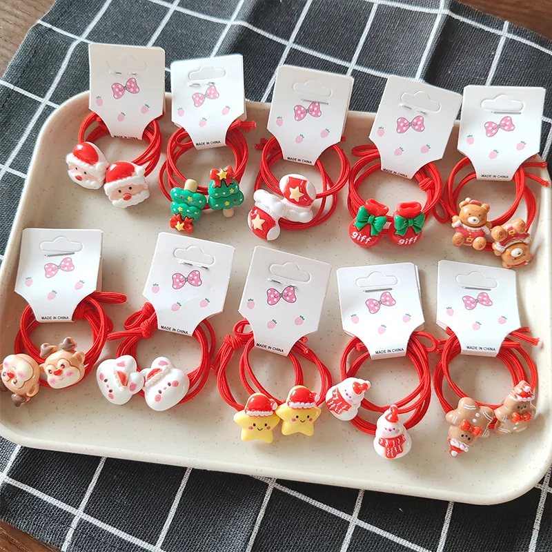 10pcs Cute Cartoon Christmas Elk Elastic Hair Bands Rubber Hair Rope Tie Girls Hair Scrunchie Ponytail Holder Gum Accessories