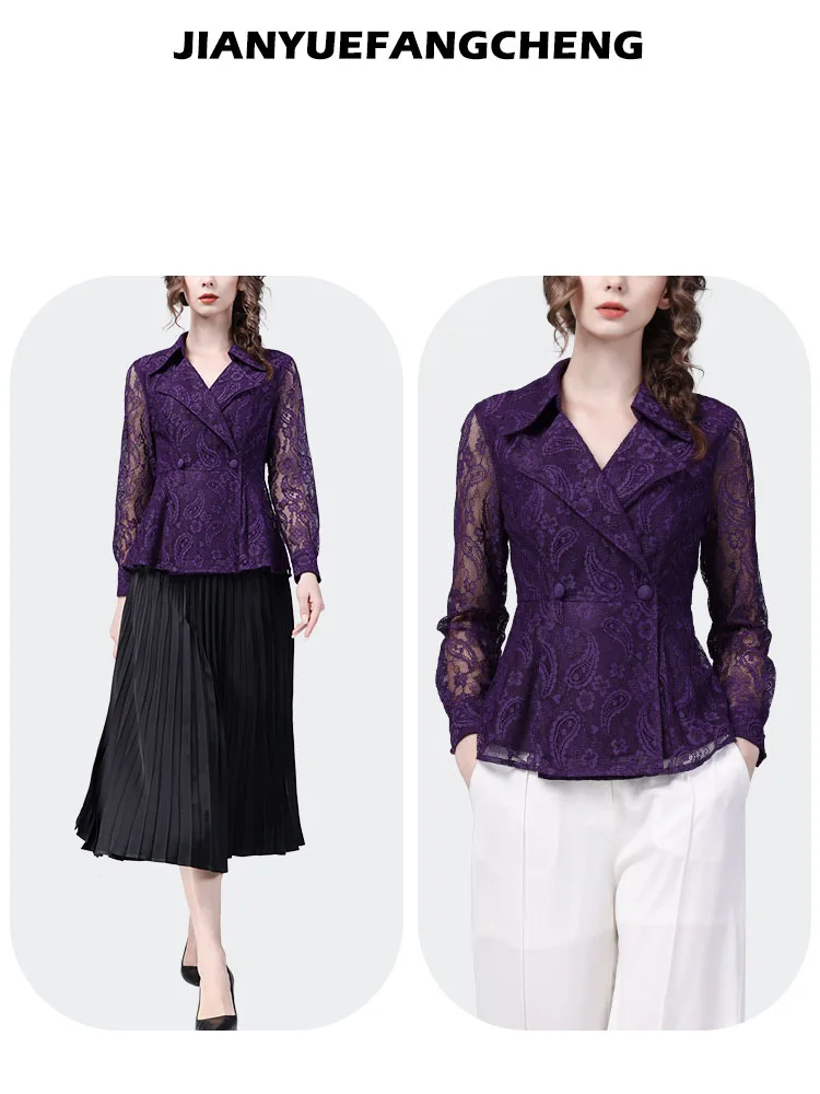 2024 Spring Summer Womens Purple Lace Shirt Hollow Out Suit Collar Tops Elegant Slim Paisley Office Ladies Blouses