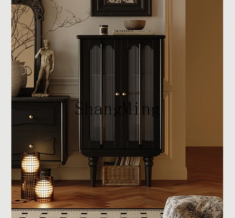 Lemari Anggur Kaca Retro Premium ZYY Hitam Kayu Solid untuk Dinding, Rak Pajangan Samping TV Rumah