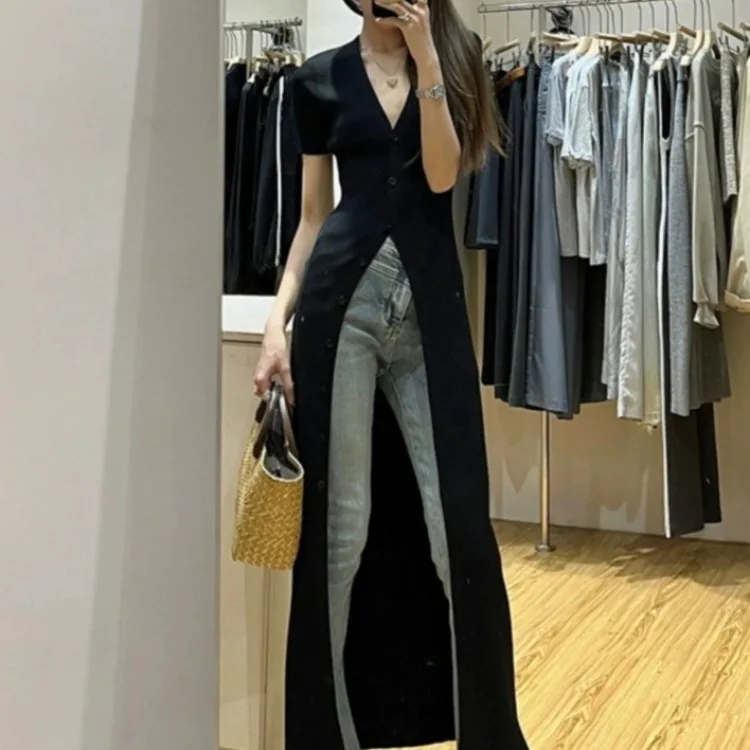 2024 Summer New V-neck Black Dress for Women Fashion Slim Fit Knitted Dressses Y2k E-Girl Mid-length Vestidos Mujer