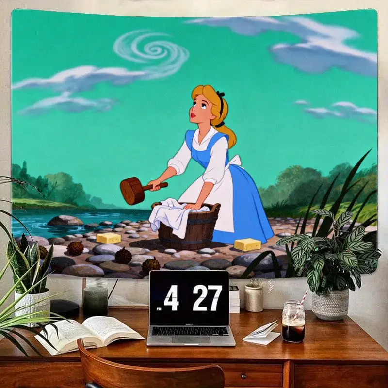 

1PC Disney Cinderella Washing Clothes River Scene Tapestry Polyester Wall Art Fairytale Bedroom Dorm Decor Gift for Fans