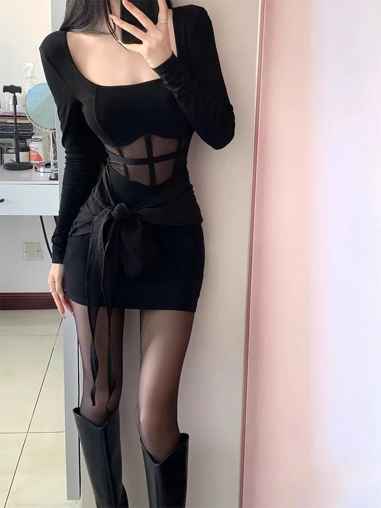 Sukienka damska w stylu koreańskim stylowa Mini Vestidos tunika wiosenno-jesienna Ins popularna linia A z długim rękawem odzież klubowa na wszystkie mecze Harajuku miękka