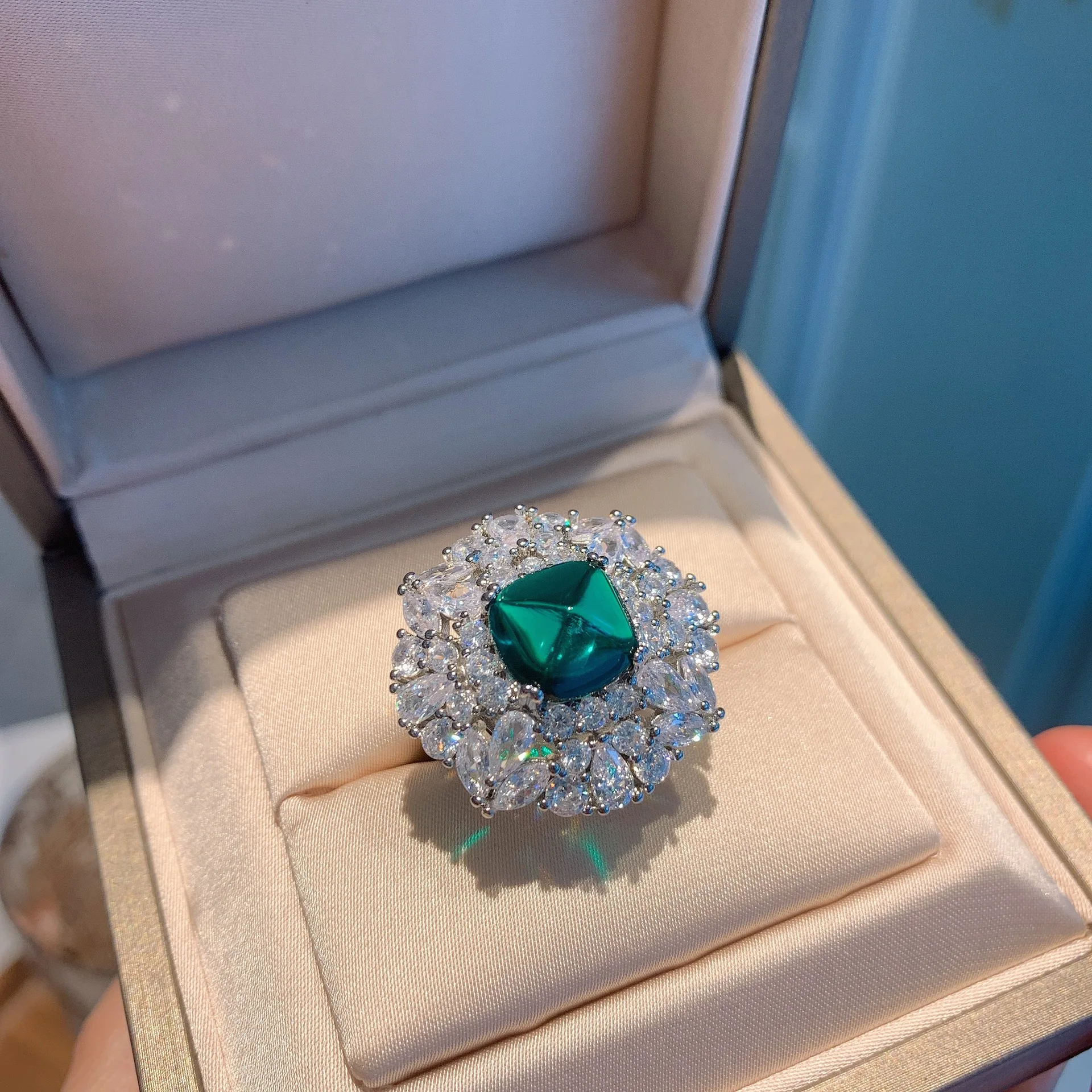 S925 Silver Colored Treasure Green Sugar Tower Blue Treasure Sugar Tower Full Set Ring Children's 10 * 10 Jewelry Wholesale